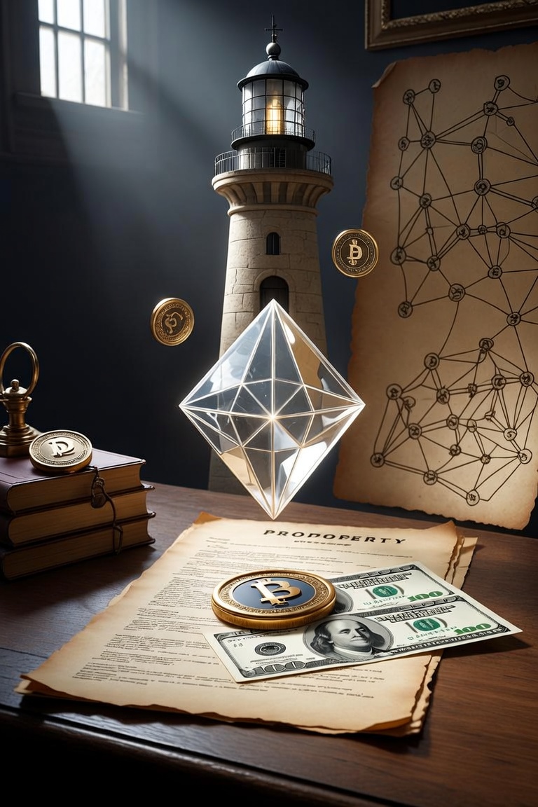 The lighthouse on the desk, a crystalline token, bronze coins, a scroll with a node map and a property document.