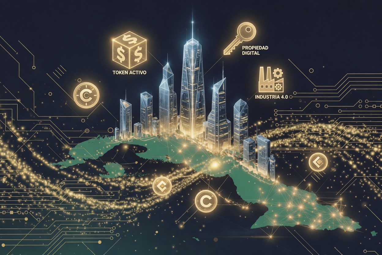 Stylized map of Cuba and the Florida–Caribbean corridor, with icons for property title, industry and digital capital.