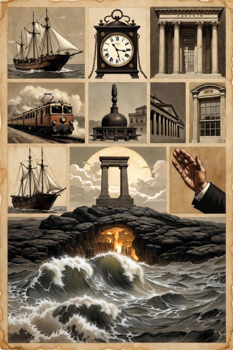 Archive engravings: ships, clocks, banks, trains and the crypt beneath the lighthouse.
